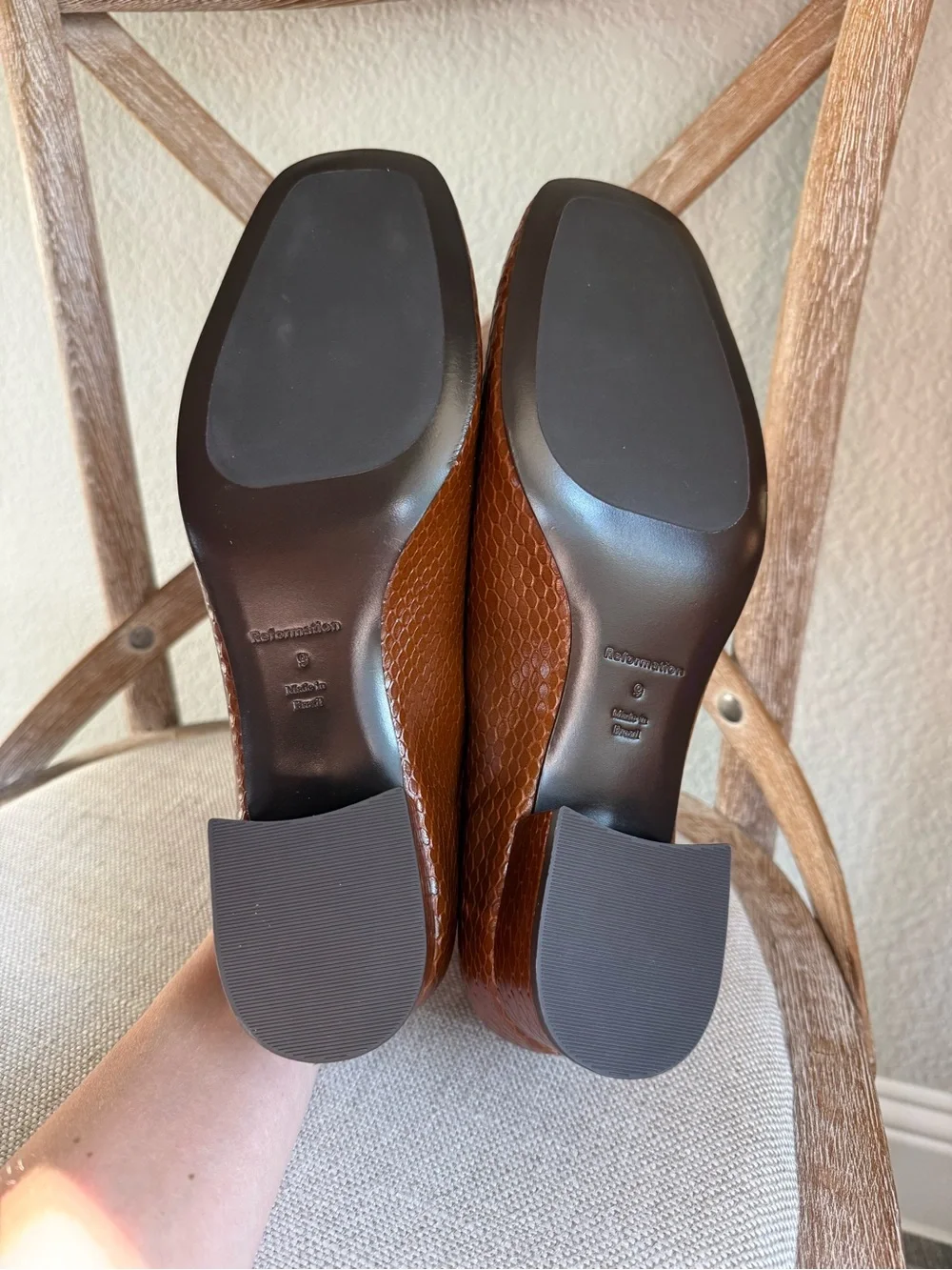 Reformation Inez Square-Toe Pumps cognac snake